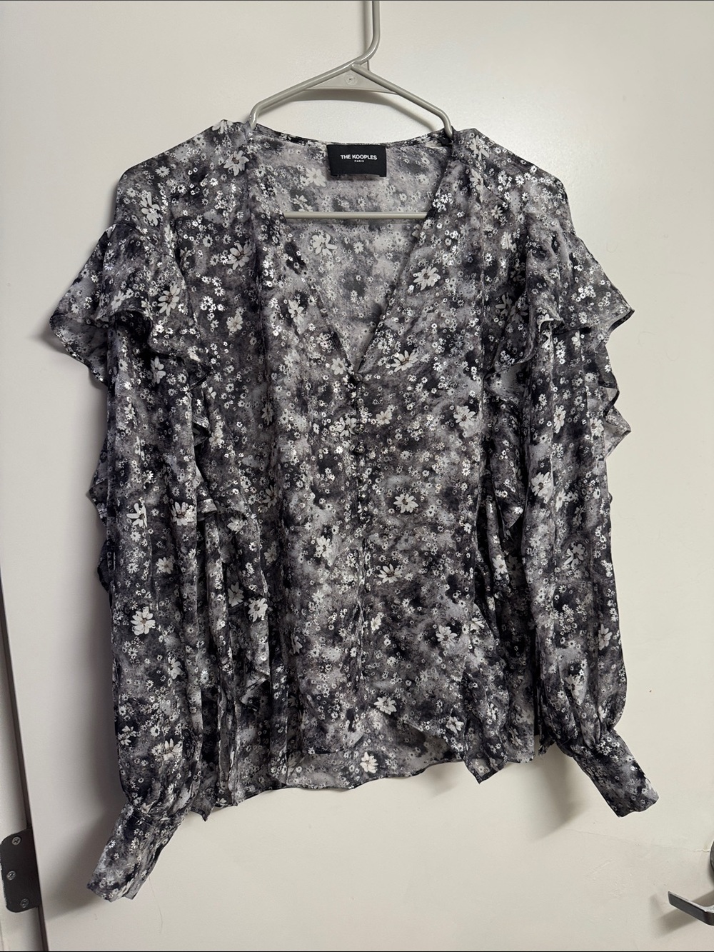 The Kooples Black & White Floral Ruffle Blouse
